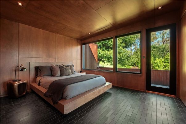 Bedroom, Interior, Recessed Lighting, Wooden Ceilings, Wood Texture Flooring, Wooden Walls