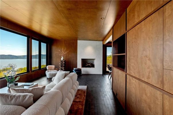 Fireplace, Interior, Living room, Recessed Lighting, Water, Wooden Ceilings, Wood Texture Flooring, Wooden Walls