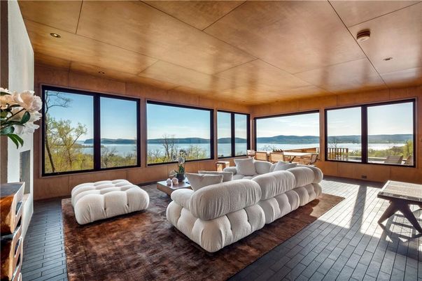 Interior, Living room, Recessed Lighting, Water, Wooden Ceilings, Wood Texture Flooring