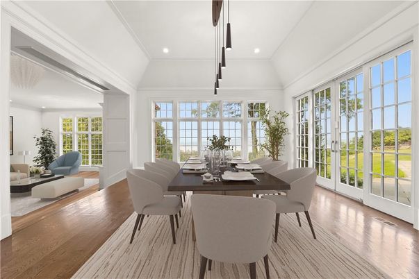 Dining room, Interior, Recessed Lighting, Wood Texture Flooring