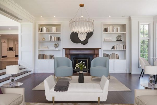 Chandelier, Fireplace, Interior, Living room, Pendant Lights, Recessed Lighting, Wood Texture Flooring