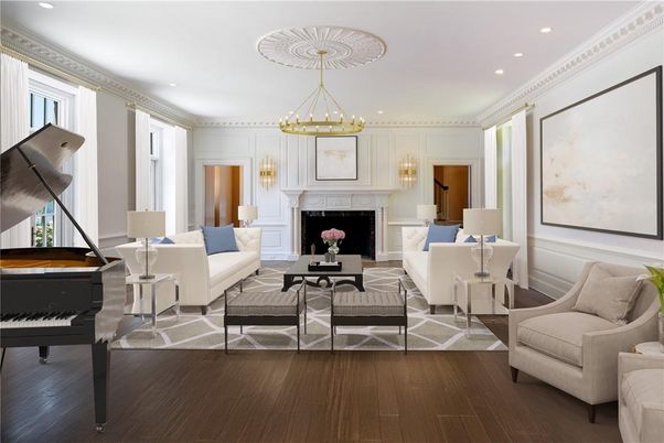 Chandelier, Fireplace, Interior, Living room, Pendant Lights, Piano, Recessed Lighting, Wood Texture Flooring