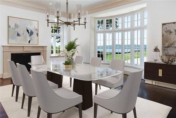 Dining room, Fireplace, Interior, Pendant Lights, Water, Wood Texture Flooring