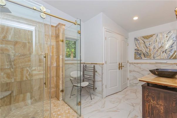 Bathroom, Glass Shower, Interior, Marble, Recessed Lighting