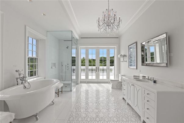 Bathroom, Chandelier, Free Standing Baths, Glass Shower, Interior, Recessed Lighting