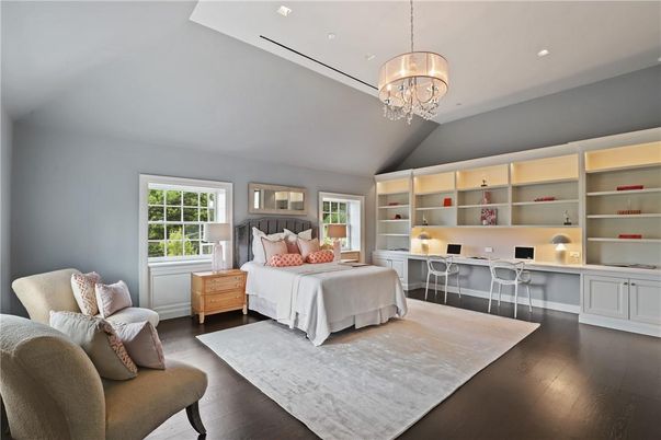 Bedroom, Chandelier, Interior, Recessed Lighting, Wood Texture Flooring