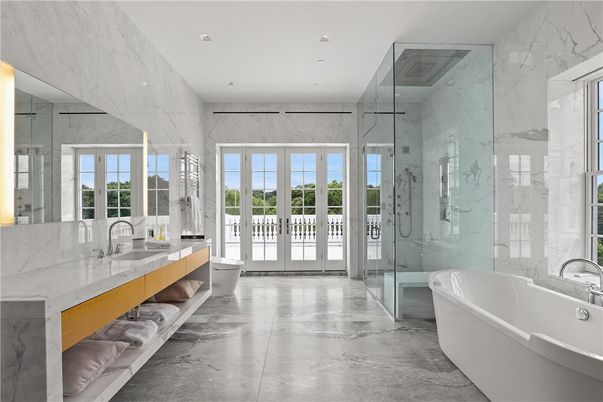 Bathroom, Dual Sink Vanities, Free Standing Baths, Glass Shower, Interior, Marble, Marble Walls, Recessed Lighting