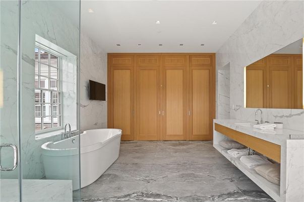 Bathroom, Dual Sink Vanities, Free Standing Baths, Interior, Marble, Marble Walls, Recessed Lighting