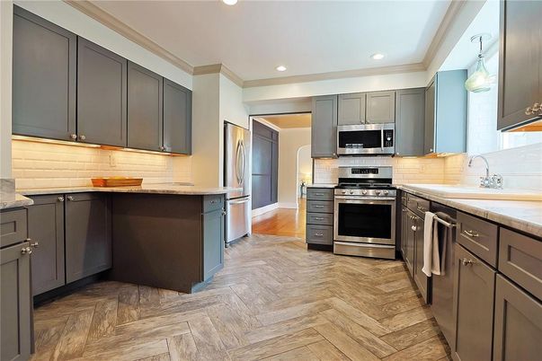 Interior, Kitchen, Pendant Lights, Recessed Lighting, Stainless Steel Appliances, Wood Texture Flooring