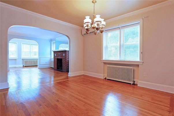Chandelier, Empty room, Fireplace, Interior, Wood Texture Flooring