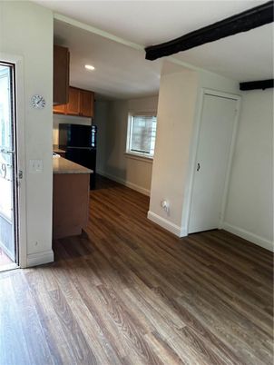 Empty room, Interior, Kitchen, Recessed Lighting, Wooden Beams, Wood Texture Flooring