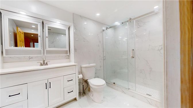 Bathroom, Glass Shower, Interior, Marble, Marble Walls, Recessed Lighting
