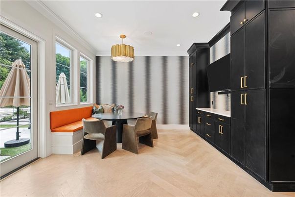Dining room, Interior, Pendant Lights, Recessed Lighting, Wood Texture Flooring