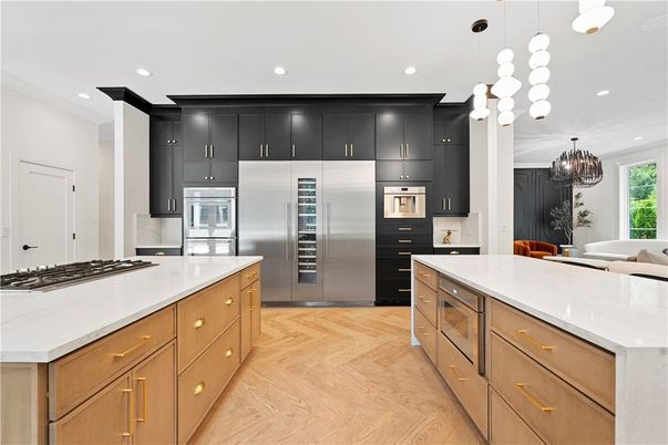 Chandelier, Interior, Kitchen, Pendant Lights, Recessed Lighting, Stainless Steel Appliances, Wood Texture Flooring