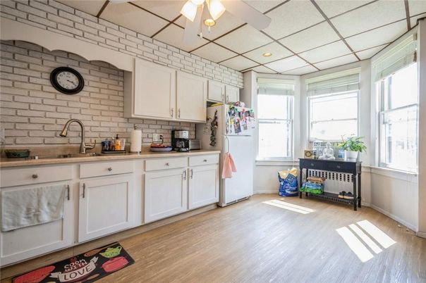 Interior, Kitchen, Recessed Lighting, Stone Walls, Wood Texture Flooring
