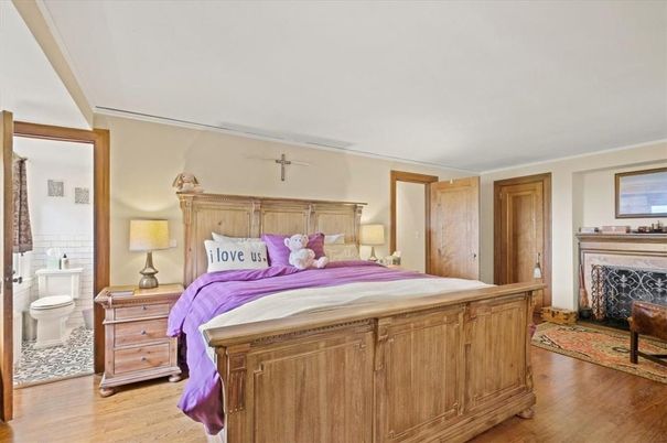 Bedroom, Fireplace, Interior, Wood Texture Flooring
