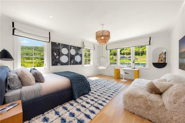Bedroom, Chandelier, Interior, Recessed Lighting, Wood Texture Flooring