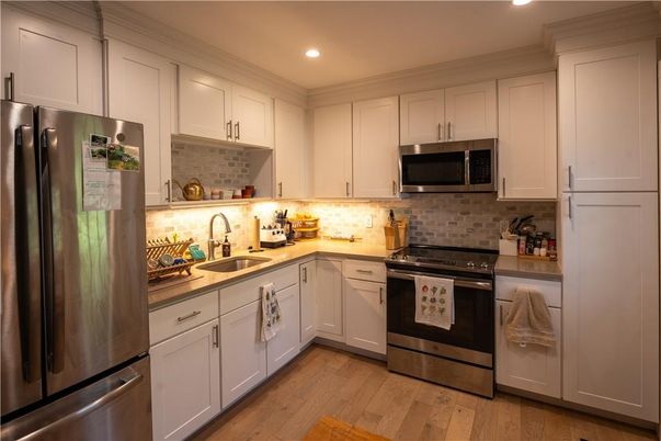 Interior, Kitchen, Recessed Lighting, Stainless Steel Appliances, Wood Texture Flooring