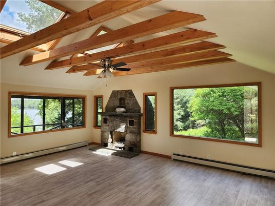 Empty room, Fireplace, Interior, Wooden Beams, Wood Texture Flooring