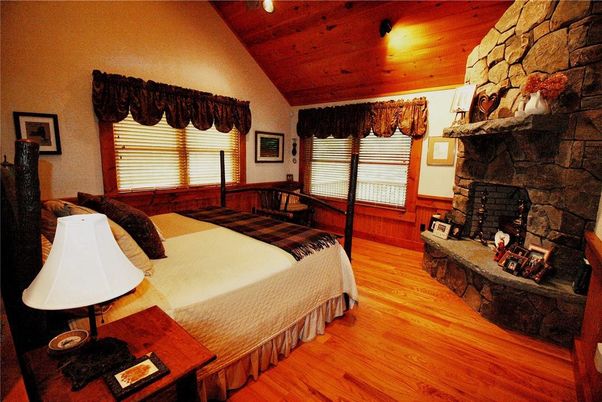 Bedroom, Fireplace, Interior, Stone Walls, Wooden Ceilings, Wood Texture Flooring