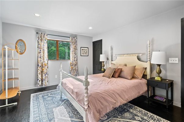 Bedroom, Interior, Recessed Lighting, Wood Texture Flooring