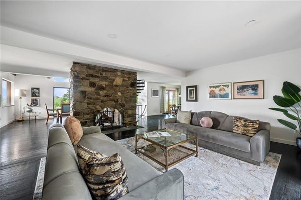 Dining room, Fireplace, Interior, Living room, Stone Walls, Wood Texture Flooring