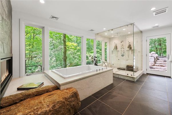 Bathroom, Fireplace, Glass Shower, Interior, Recessed Lighting