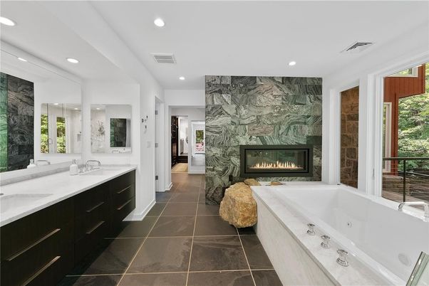 Bathroom, Dual Sink Vanities, Fireplace, Interior, Marble Walls, Recessed Lighting