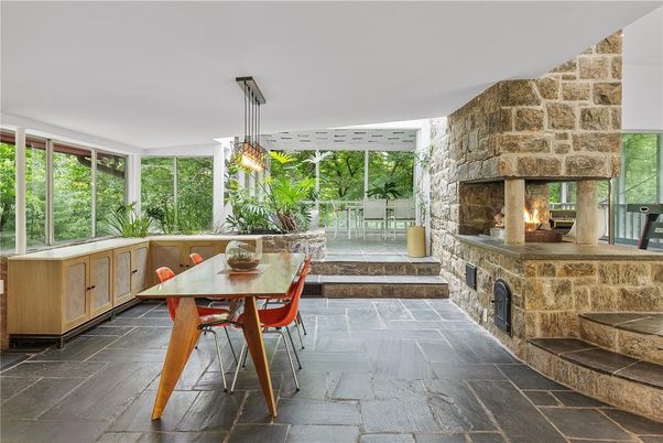 Dining room, Fireplace, Interior, Pendant Lights, Stone Walls