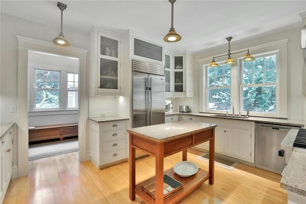 Interior, Kitchen, Pendant Lights, Stainless Steel Appliances, Wood Texture Flooring