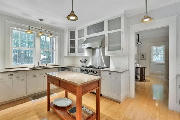 Interior, Kitchen, Pendant Lights, Stainless Steel Appliances, Wood Texture Flooring