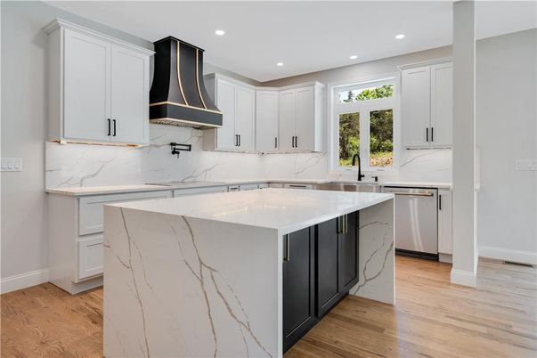 Interior, Kitchen, Marble Walls, Recessed Lighting, Wood Texture Flooring