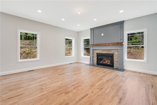 Empty room, Fireplace, Interior, Recessed Lighting, Wood Texture Flooring