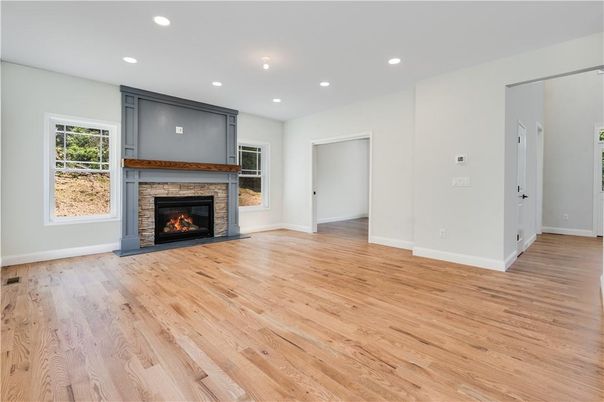 Empty room, Fireplace, Interior, Recessed Lighting, Wood Texture Flooring