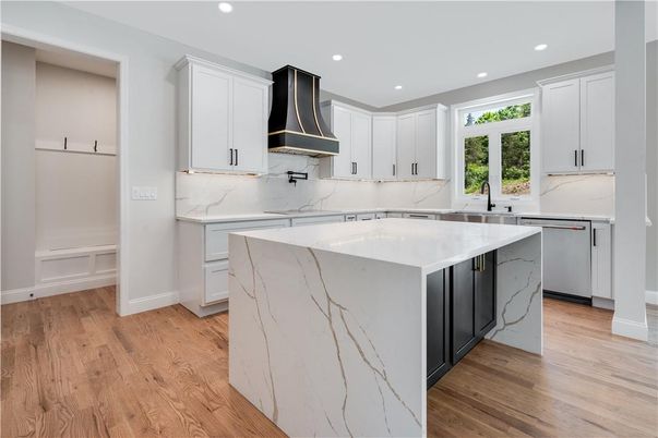 Interior, Kitchen, Marble Walls, Recessed Lighting, Wood Texture Flooring