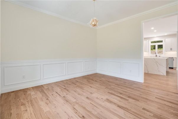 Empty room, Interior, Kitchen, Pendant Lights, Recessed Lighting, Wood Texture Flooring