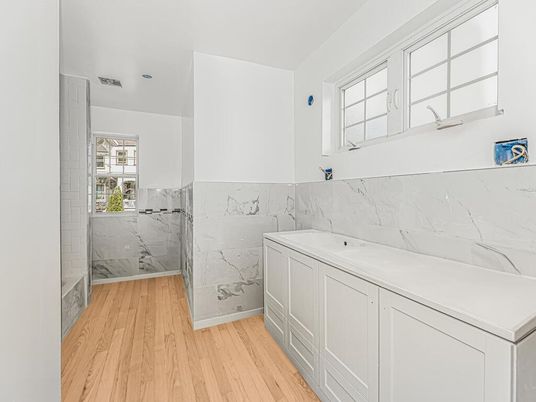 Bathroom, Interior, Marble Walls, Wood Texture Flooring