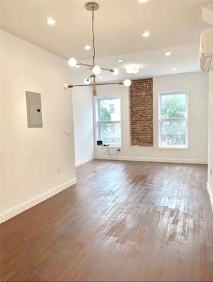 Empty room, Interior, Pendant Lights, Recessed Lighting, Stone Walls, Wood Texture Flooring
