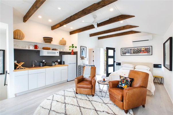 Bedroom, Interior, Recessed Lighting, Wooden Beams, Wood Texture Flooring