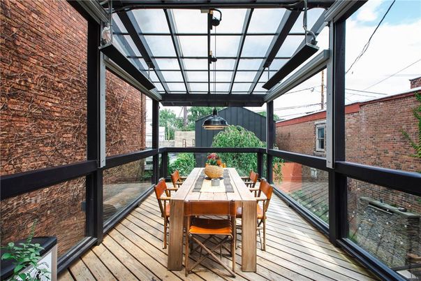 Dining room, Glass Ceilings, Interior, Stone Walls, Sun Room, Wood Texture Flooring