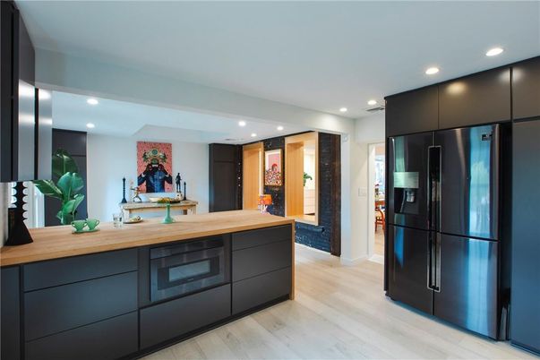 Interior, Kitchen, Recessed Lighting, Stainless Steel Appliances, Wood Texture Flooring