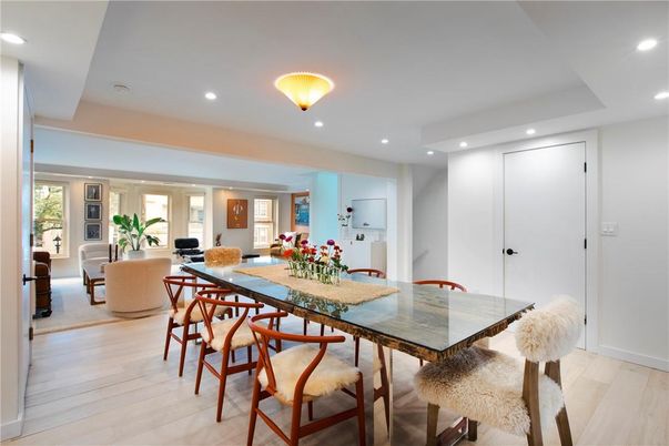Dining room, Interior, Living room, Recessed Lighting, Wood Texture Flooring
