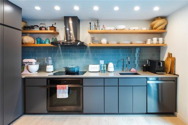 Interior, Kitchen, Recessed Lighting, Stainless Steel Appliances, Wood Texture Flooring