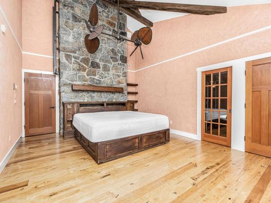Bedroom, Interior, Stone Walls, Wooden Beams, Wood Texture Flooring
