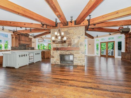 Chandelier, Empty room, Fireplace, Interior, Kitchen, Pendant Lights, Wooden Beams, Wood Texture Flooring