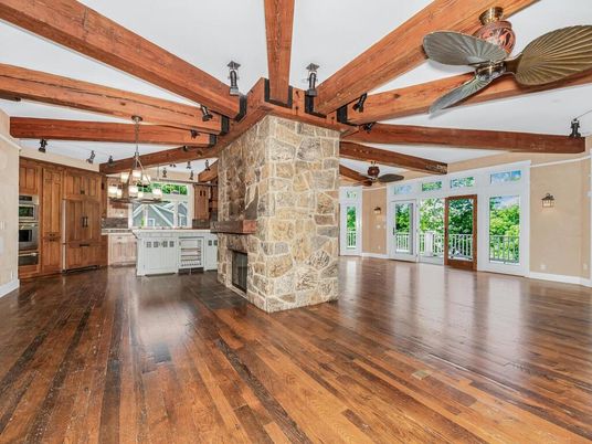 Empty room, Fireplace, Interior, Kitchen, Pendant Lights, Stone Walls, Wooden Beams, Wood Texture Flooring