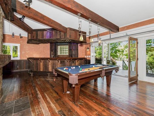 Billiard Table, Game Room, Interior, Pendant Lights, Wooden Beams, Wood Texture Flooring