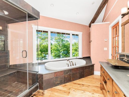 Bathroom, Glass Shower, Interior, Recessed Lighting, Wood Texture Flooring