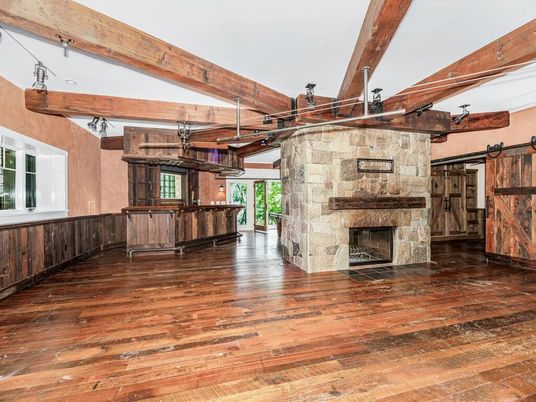 Fireplace, Interior, Pendant Lights, Stone Walls, Wooden Beams, Wood Texture Flooring