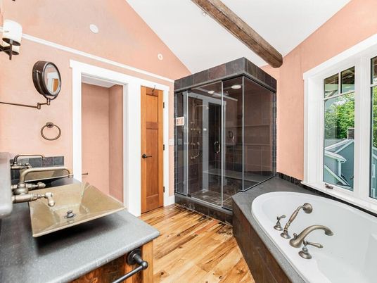 Bathroom, Glass Shower, Interior, Wood Texture Flooring